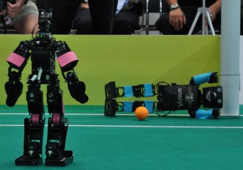 We have determined this time by recording the goalie motion several times with a digital camera and counting the frames from when the goalie started to move until the robot obviously touched the