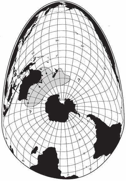 Figure 14. Grey-headed albatross. Grey shaded areas are an assessment of the general distribution range for the bulk of the population.