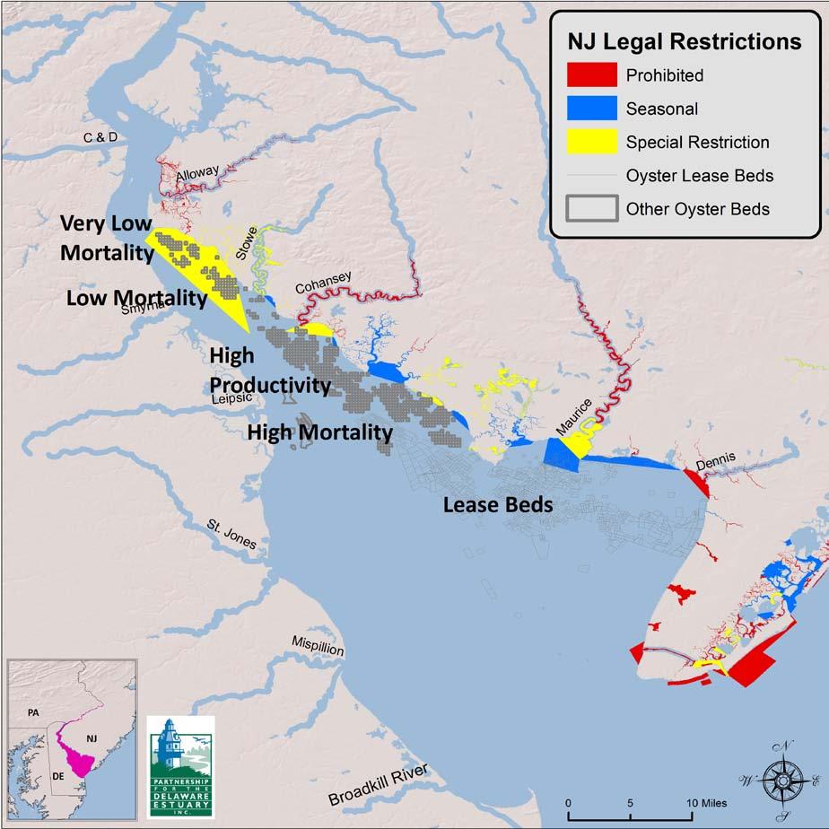 Figure 8: The map shows New Jersey legal restrictions on oyster harvest, because of sanitation concerns. Regulatory constraints.