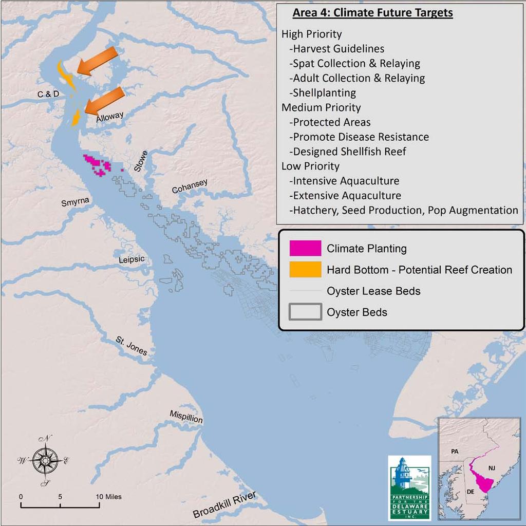 Figure 15: Area 4 - climate change targets for future oyster enhancement on extant upper beds, and potential