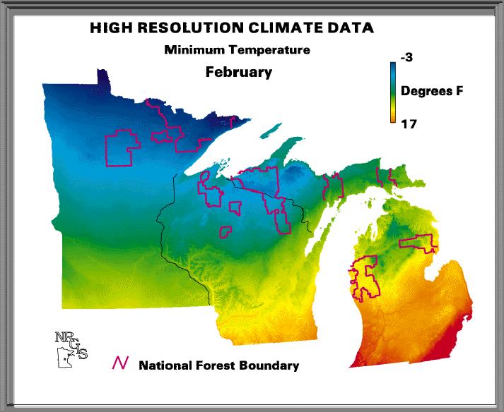 Figure 7. Graphical representation of biological carrying capacity for Midwestern white tailed deer populations. Colors represent mean February temperature.