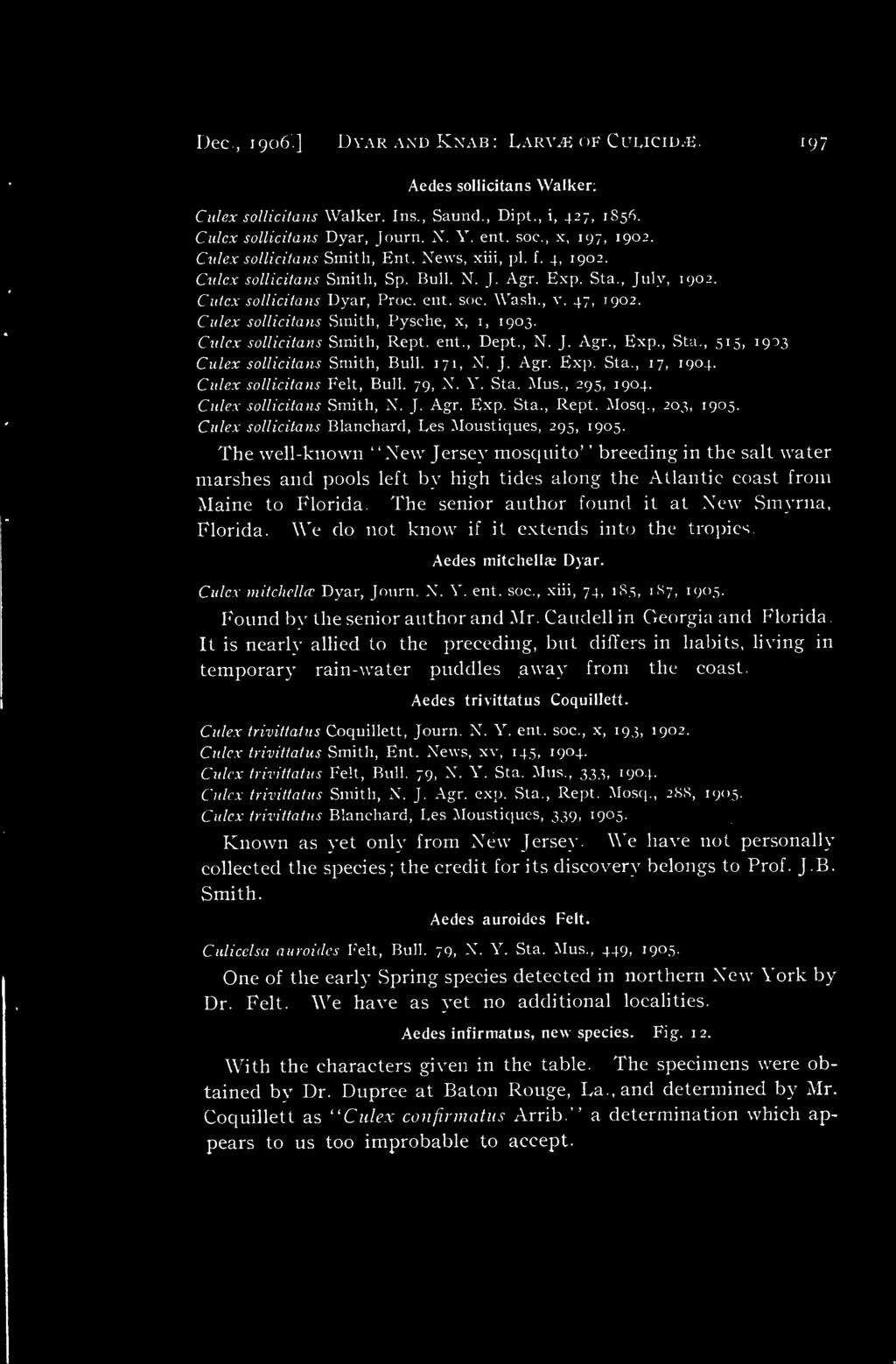 47, 1902. Culex sollicitans Smith, Pysehe, x, 1, 1903. Culex sollicitans Smith, Rept. ent., Dept., N. J. Agr., Exp., Sta., 515, 1903 Culex sollicitans Smith, Bull. 171, N. J. Agr. Exp. Sta., 17, 1904.