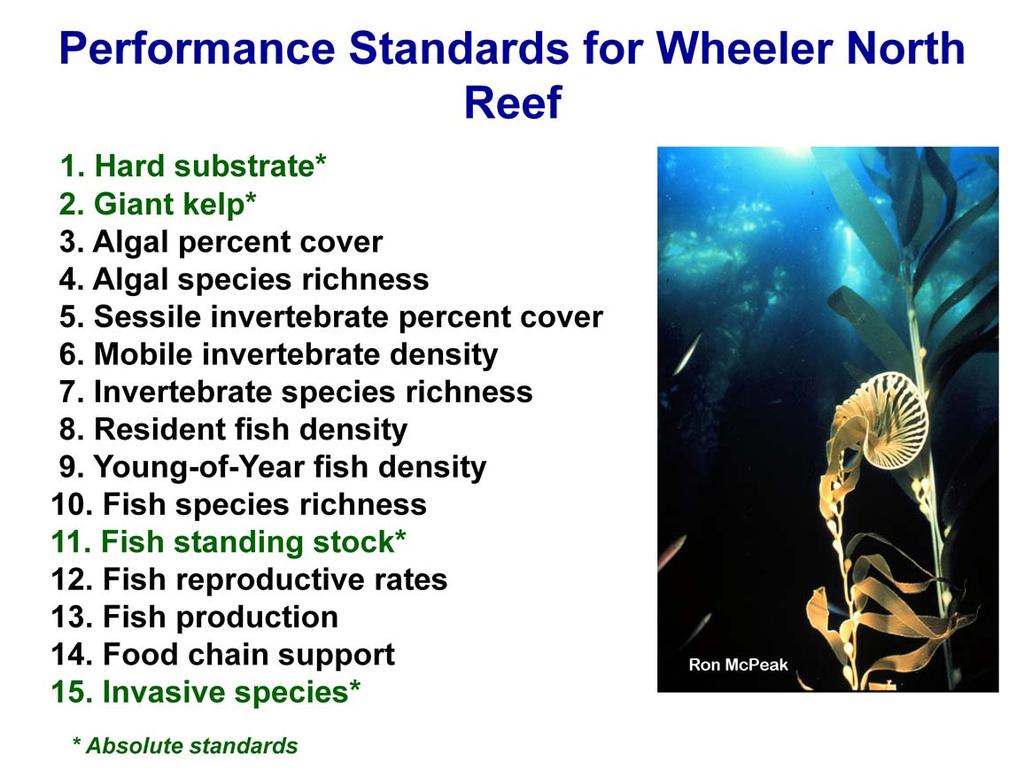 Shown here are the performance standards by which the success of the Wheeler North Reef is being judged.