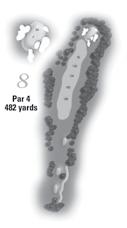 Slight dogleg right accentuated by a left-to-right, sloping fairway.