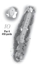 Wind is a factor on club selection for second shot, a downhill lie to a small uphill green.