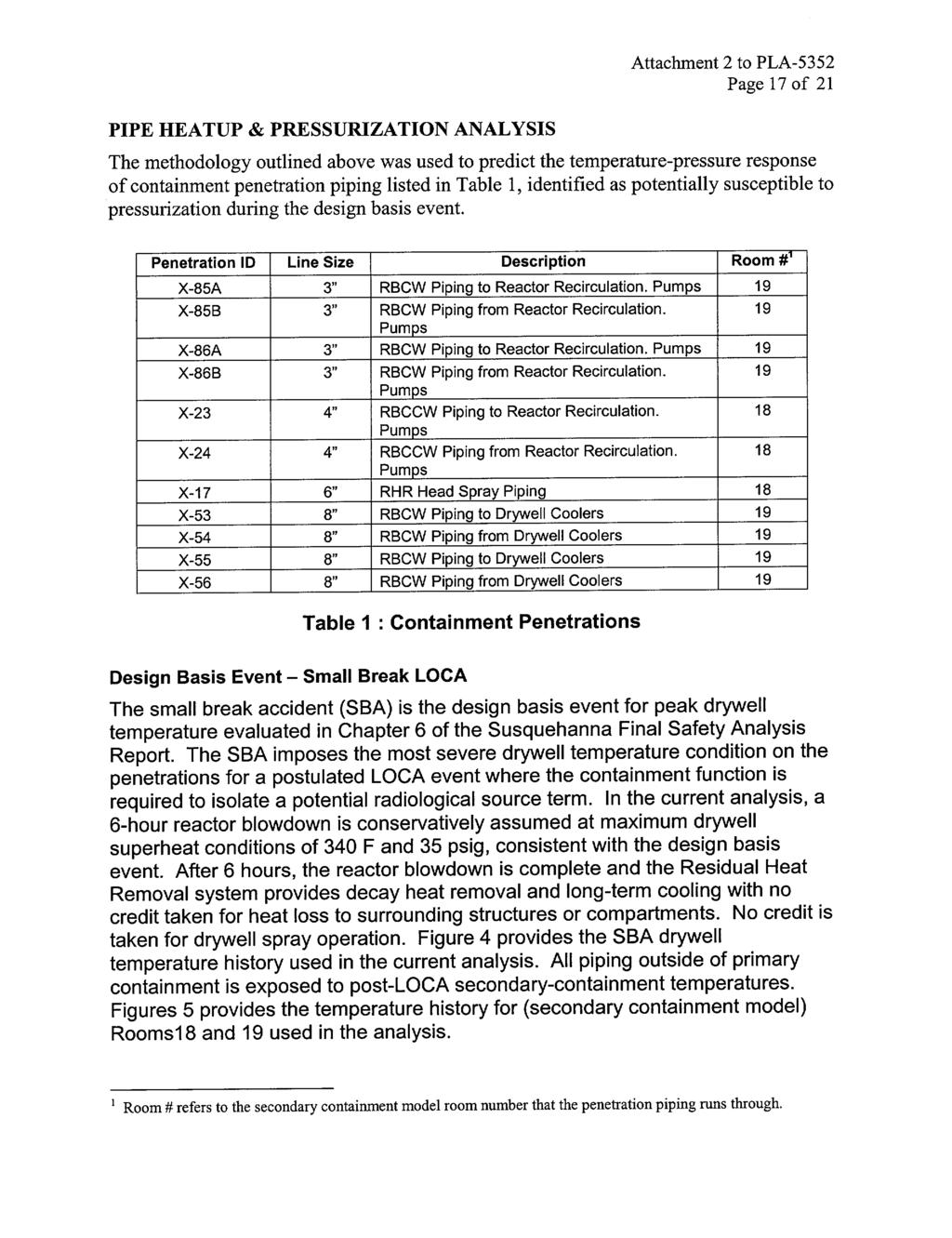 PIPE HEATUP & PRESSURIZATION ANALYSIS Attachment 2 to PLA-5352 Page 17 of 21 The methodology outlined above was used to predict the temperature-pressure response of containment penetration piping