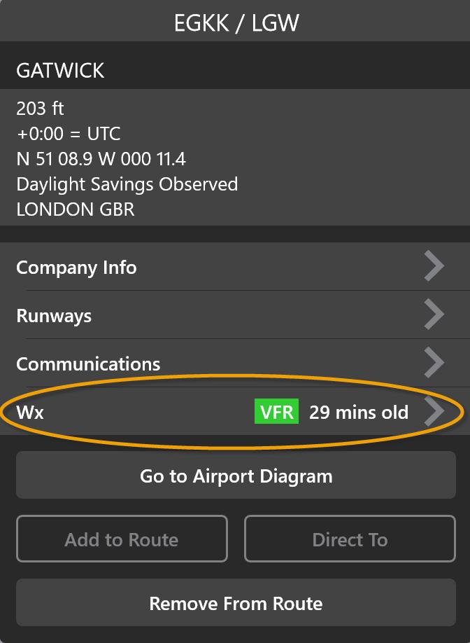 Accessing terminal information If the Multiple Object popovers appears, tap the airport. FliteDeck Pro displays the Airport popover. 2. To display the METAR and TAF details, tap Wx.