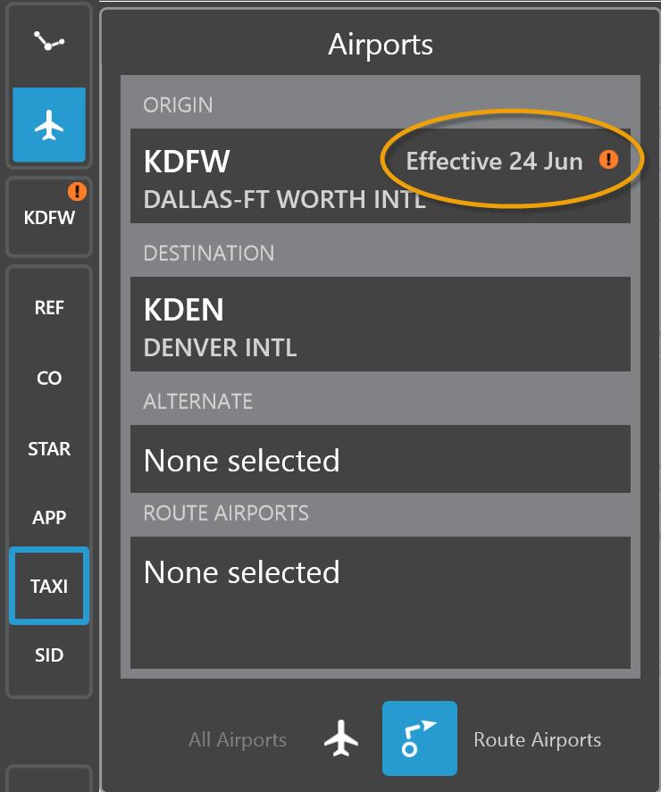 Accessing terminal information FliteDeck Pro displays the list of airports for the active flight, accompanied by any airport effectivity text and badges. 2.