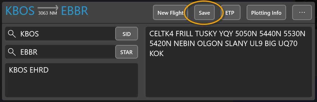 Working with saved flights Saving the active flight You can maintain a list of saved flights on your device. One way to add to this list is to save the active flight. 1. Open the Flight Info drawer.