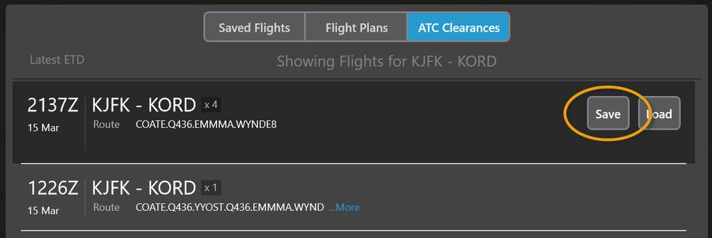 Working with saved flights Saving an ATC-cleared route without loading it You can save an ATC-cleared route without loading it as the active flight. 1. Open the Flight Info drawer. 2.