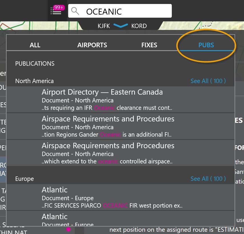 FliteDeck Pro indicates the number of results on the Search Results button, places a magenta dot next to any publication containing the search term, and highlights the text contained in any note that