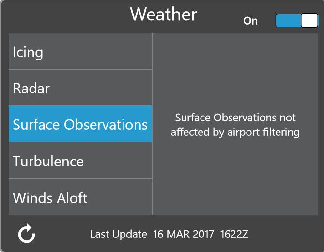 Accessing enroute information Viewing surface observations You can view surface observations from the enroute Weather popover. 1. Tap the Wx button on the control bar. 2. Switch Weather to ON. 3.