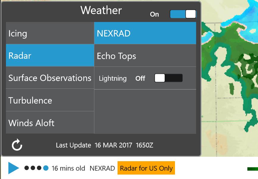 Accessing enroute information 2. Switch Weather to ON. 3. Tap RADAR. 4. Tap the radar weather (NEXRAD, Echo Tops, Lightning) that you want to view. 5.
