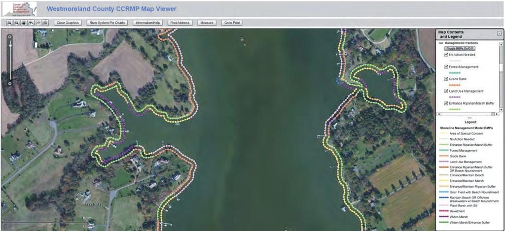Figure 5-2. The Map Viewer displays the preferred Shoreline BMPs in the map window. The color-coded legend in the panel on the right identifies the treatment option recommended.