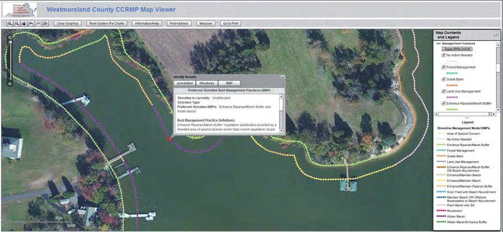When Shoreline Management Model BMPs is selected from the list in the right hand panel and toggled on the delineation of shoreline BMPs is illustrated in the map viewing window.