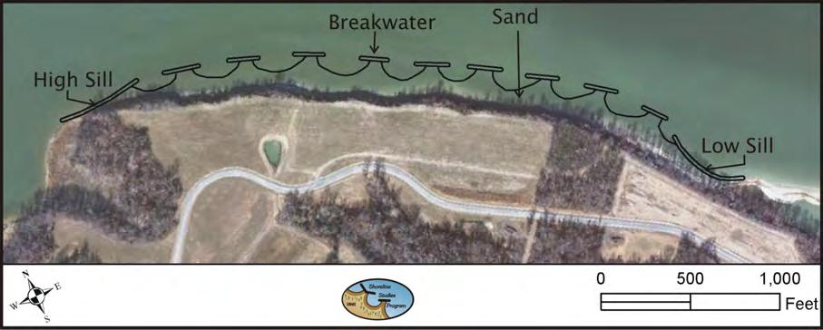 Photo of the spit and protected bank along Bettys Neck. most segment of the project shoreline is a low, heavily vegetated spit at the mouth of Poor Jack Creek.