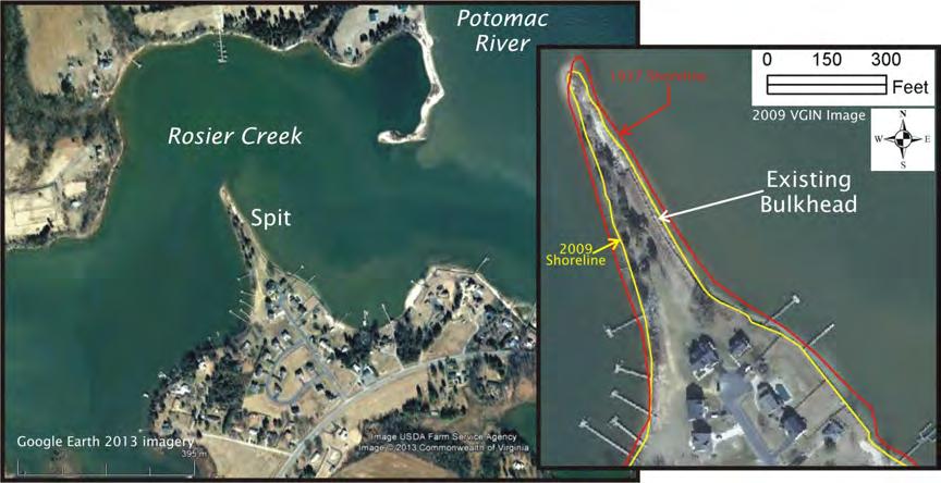 5.2.4 Mouth of Rosier Creek (Area of Interest) The narrow peninsula just inside the south side of the entrance to Rosier Creek is partially protected by a wood bulkhead along its river-facing coast