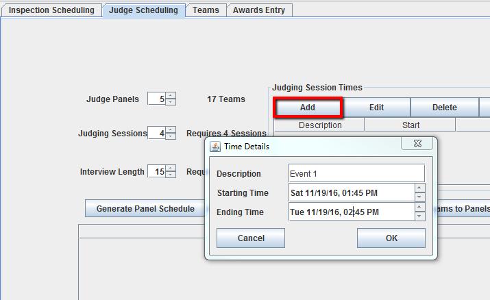 When the Scoring Applications opens, select the tab for either the Judging or Inspection Scheduling (or both) to create the schedules.