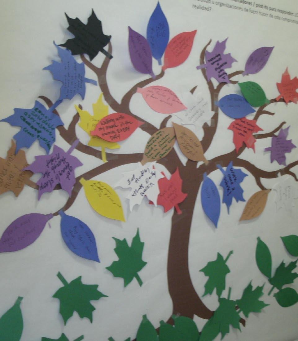 Station 2: I Commit to be a Healthier Me!, showed a tree with leafless branches. At the station there were numerous blank paper leaves, pens, and tape.