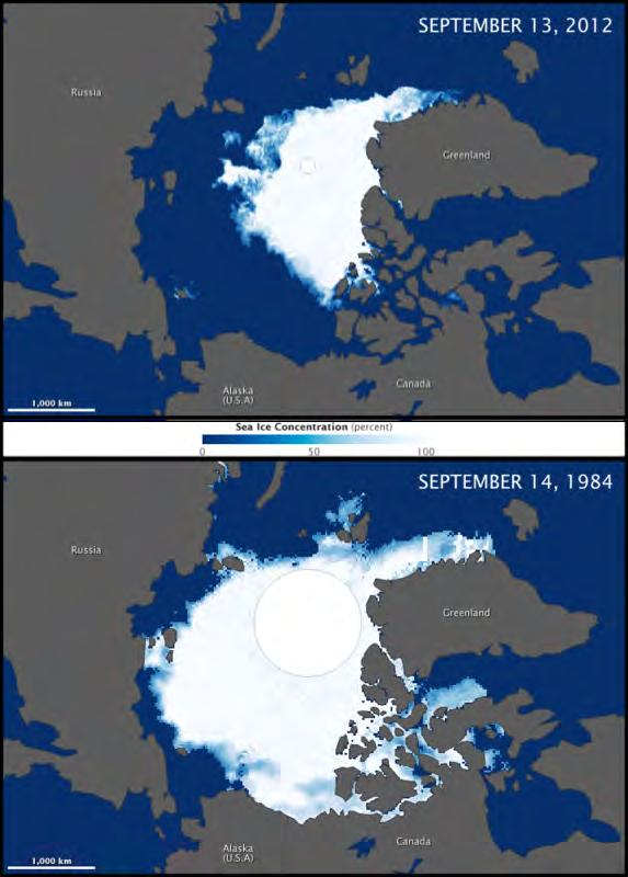 This picture shows the difference between ice coverage in the Arctic over the years.