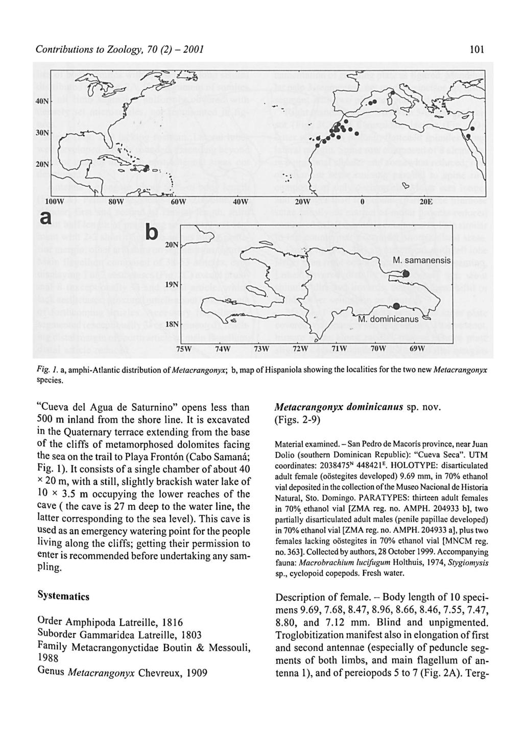 Contributions to Zoology, 70 - (2) 2001 101 Fig. I. a, amphi-atlantic distribution ofmetacrangonyx; b, ofhispaniola map showingthe localities for the two new Metacrangonyx species.