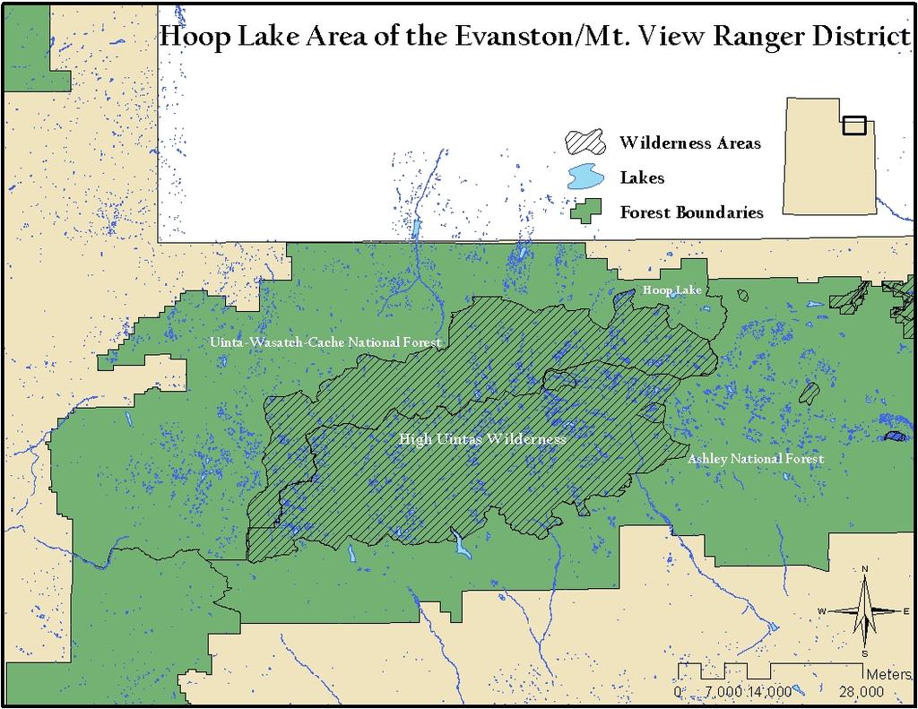 Figure 1: Map of the Hoop Lake Area on the EMVRD of the UWCNF in Utah The EMVRD is located on the UWCNF and set in both Utah and Wyoming.