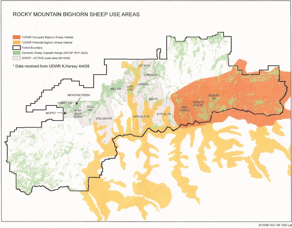 Figure 3: Rocky Mountain bighorn sheep use areas on the EMVRD (USFS WCNF 2008) For the transplant in 1989, the UDWR released 23 bighorn sheep into the Hoop Lake Area.
