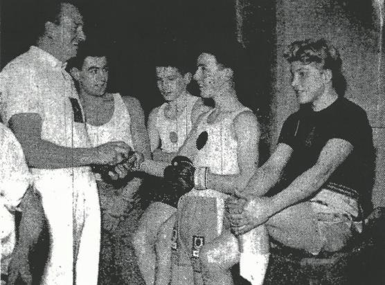 November 1959 and Dave Williams prepares his Lancaster Lads Club boxing team of Bobby Day, Frankie Taylor, Tommy Stone and Norman Swales for their fights at the Winter Gardens, Morecambe This old Inn