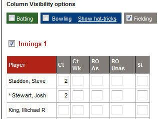 To enter the players fielding details Select only the Fielding option. Only the Fielding fields will be displayed.