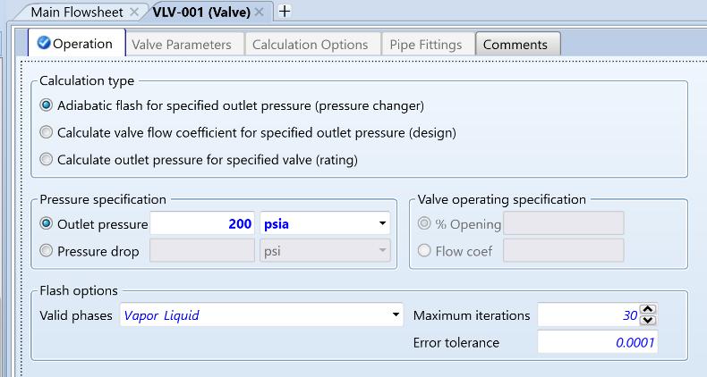 Double click on VLV 100. Specify the Outlet Pressure as 200 psia. Now let s define the stabilizing column as a 11 stage column with a kettle reboiler.