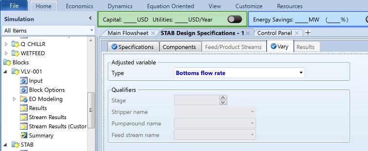 Set the value to 200 (the default units being used are F). On the Vary tab select the Bottoms Flow Rate as the adjusted variable.