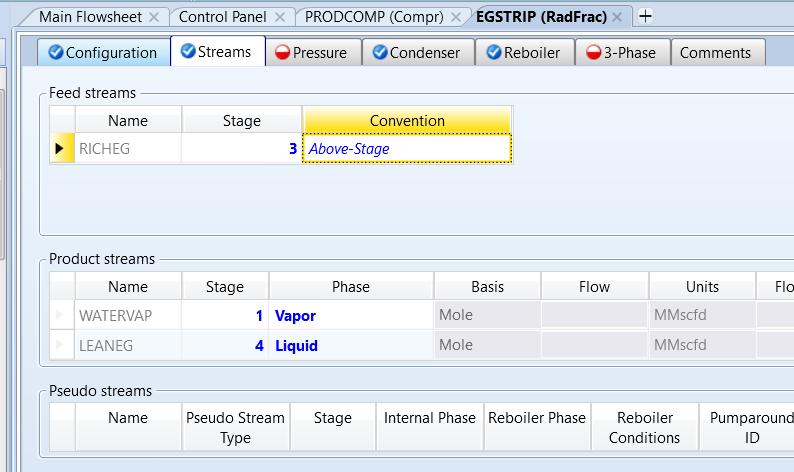 Let s define the EG stripper, EGSTRIP. Double click on this module; on the first tab set: Keep the Equilibrium Calculation type. Set the number of stages to 4.