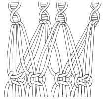 4. Using cords 2-5, tie two square knots using two knotting and two knot-bearing cords. 5. Repeat steps 3 and 4 twenty more times, or until the belt is the length you want it. 6.
