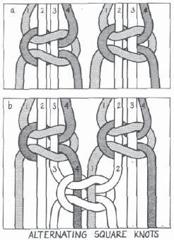 Pull cord 4 up through the hole between cords 3 and 1. Pull your knot-bearing cords up tightly against the first half of the knot. You now have a completed square knot.