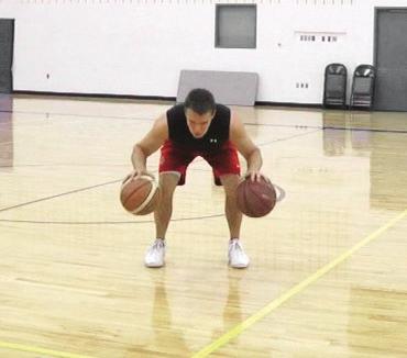 stance, pound-dribble two balls, alternating between each
