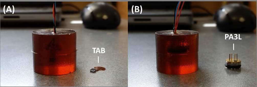 Figure 2 TAB and PA3L pressure sensors shown with and without encapsulation. 3.