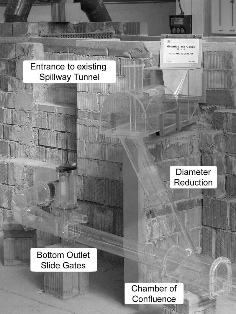 Figure 7. Hydraulic Model of Bottom Outlet and Spillway Tunnel surface tension acting against air entrainment is the same in the model and in the prototype.