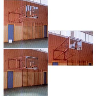 WALL ANCHORED BASKETBALL SYSTEM, 3 POSITIONS Wall anchored basketball system, adjustable in three positions: basket, mini-basket and rest by means of manual winch, steel cables and pulley.