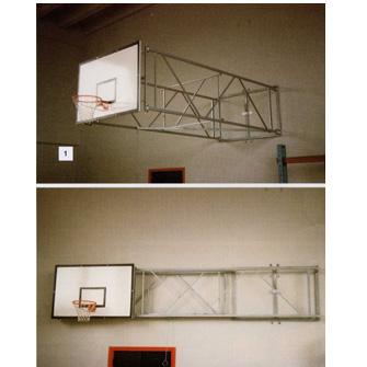 WALL ANCHORED BASKETBALL SYSTEM 90 Wall anchored basketball system, side foldable with lateral movement by means of pivotal points with special bearings. Painted steel structure.