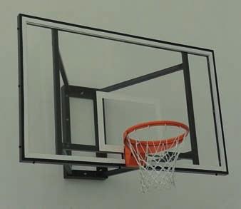 Backboard Order No. 100050 Safety tempered glass basketball backboard with protective film, dimensions 1800x1050x12 mm with ring cut-out, mounted onto varnished steel frame Order No.