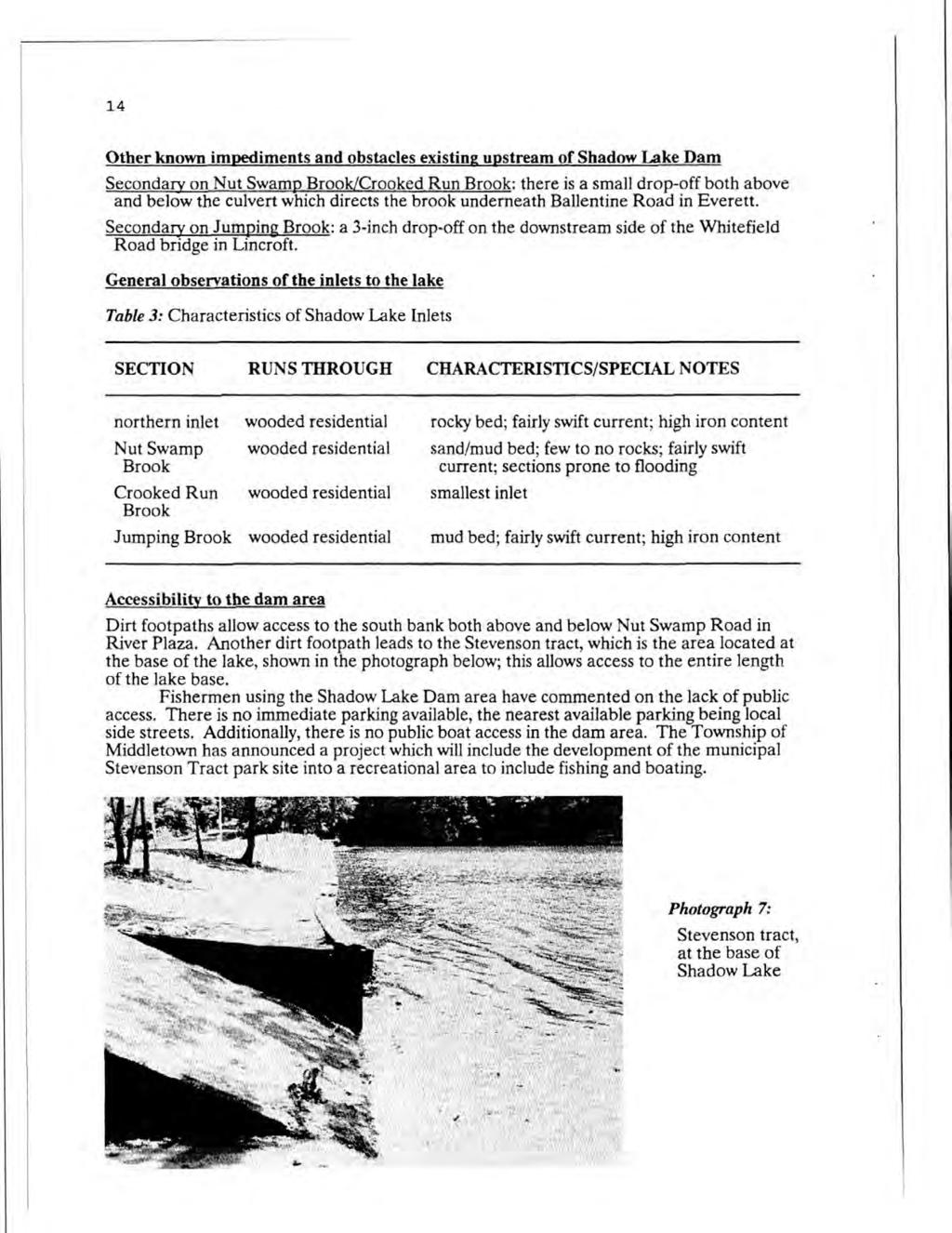 14 Other known impediments and obstacles existing upstream of Shadow Lake Dam Secondary on Nut Swamp Brook/Crooked Run Brook: there is a small drop-off both above and below the culvert which directs