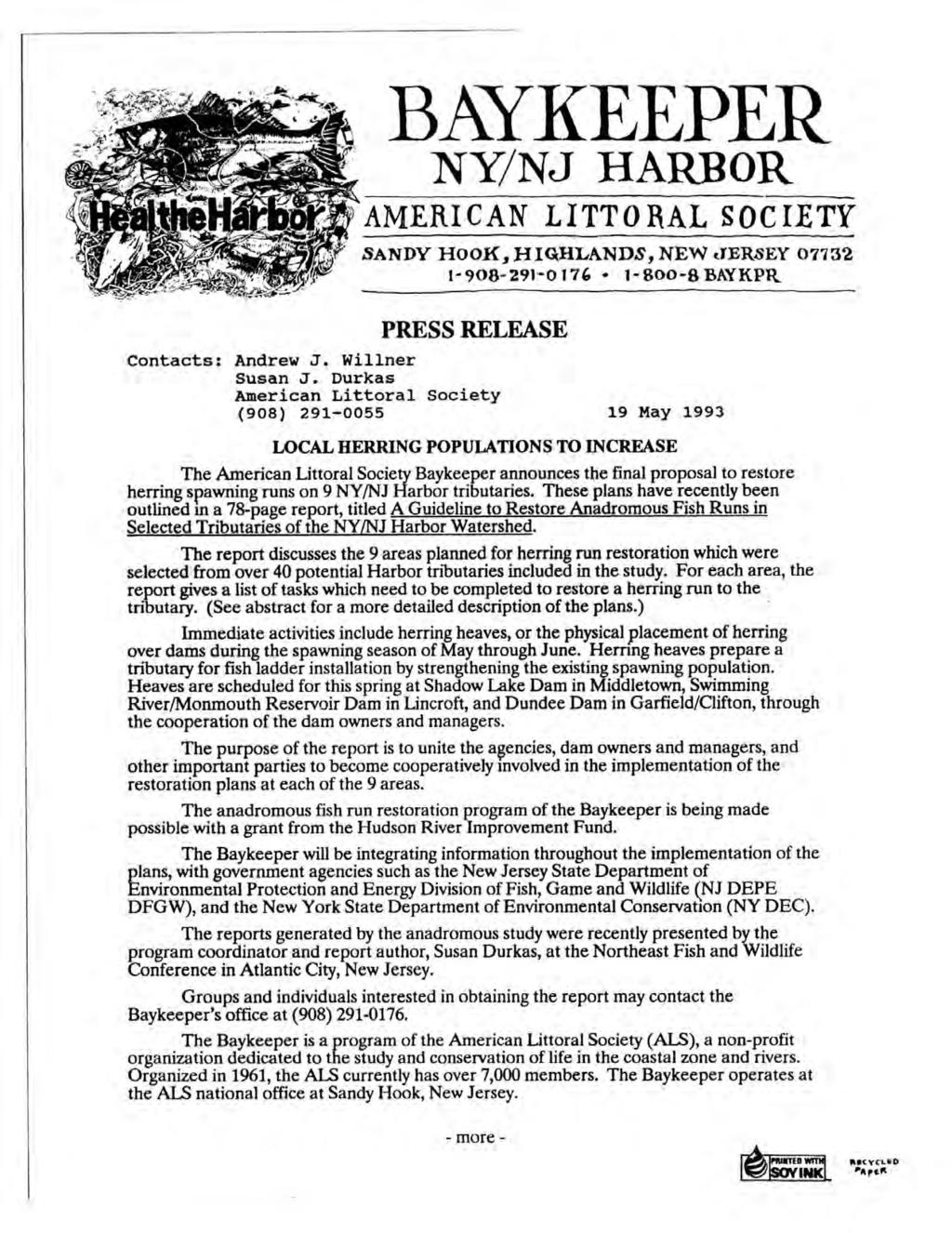 BAYK LEPER NY/NJ HARBOR AMERICAN LITTORAL SOCIETY SANDY HOOK, H IQHLANDS, NEW JERSEY 07732 l-908-29i-0176 1-80o-8 EAYKPR PRESS RELEASE Contacts: Andrew J. Winner Susan J.