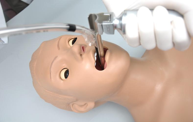 The simulator is an airway trainer equipped with the following features: Complete upper torso with realistic chest cavity containing heart, lungs, and stomach Fully articulating head, neck and jaw