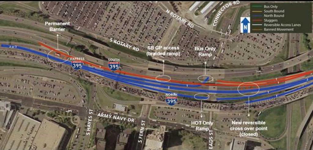 The dual left-turn movements from I-395 northbound HOV would require median reconstruction and lane reconfiguration along Eads Street.