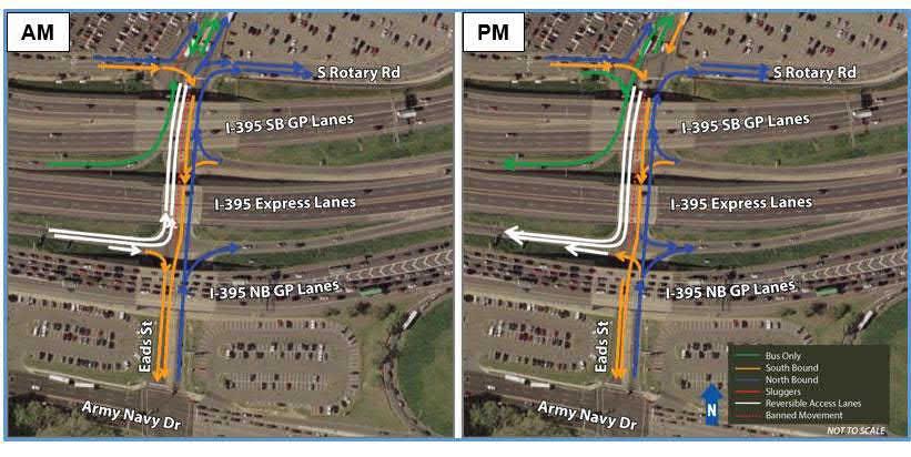 Option H Option H would convert the existing I-395 northbound HOV off-ramp to Eads Street to a reversible ramp which would allow access to the HOT lanes during both the AM (northbound) and PM