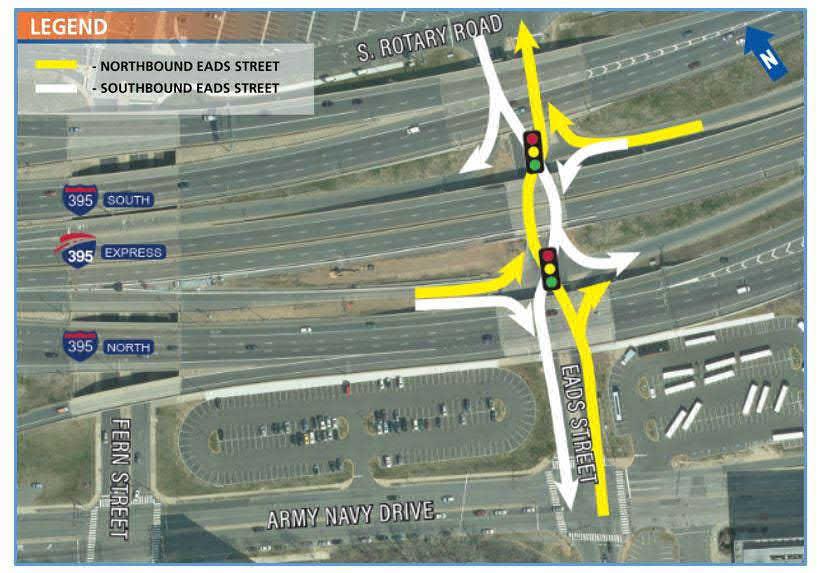 Diverging Diamond Interchange A diverging diamond at the Eads Street Interchange would shift mainline traffic on Eads Street to the opposite side of the roadway in order to receive the I-395 HOT