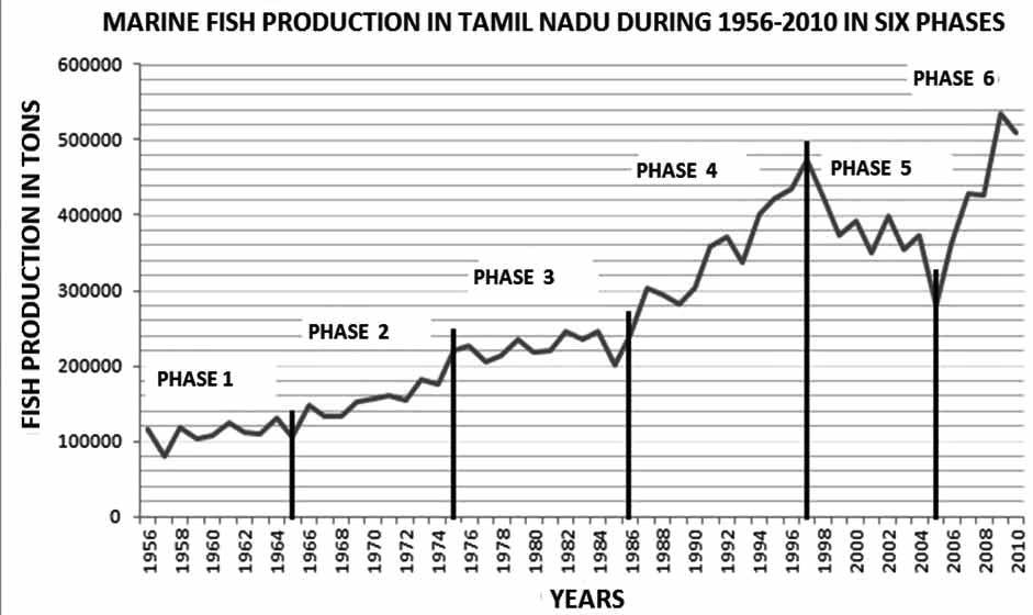 1. Introduction Fig.1. Historical developments in marine fish production in Tamil Nadu during 1956-2010 Annual marine fish production in Tamil Nadu during 1956-2010 may be divided into 6 important phases of developments.