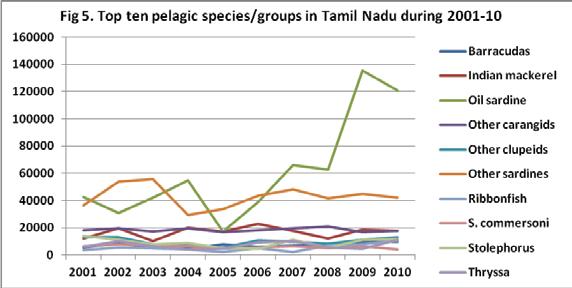 Fisheries Stakeholders and their Livelihoods in Tamil Nadu and Puducherry The production trend lines of the top ten pelagic fishery resources landed during 2001-2010 are shown in Fig 5.
