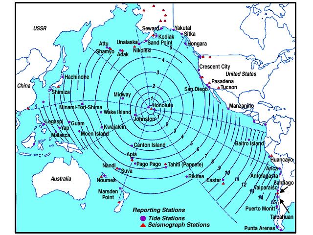 Figure 7. Tsunami warning system in the Pacific Ocean. The tsunami warning system is used to monitor Pacific Ocean events. The concentric lines show travel time in hours for a tsunami to reach Hawaii.