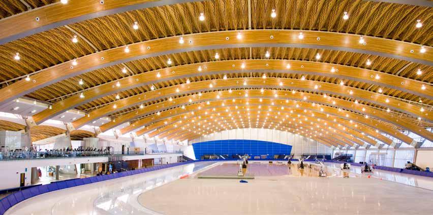 It used a million board feet of 2x4 spruce-pinefir (SPF) dimension lumber and 19,000 sheets of plywood. An addition one million board feet of Douglas-fir lamstock lumber was used in the glulam beams.